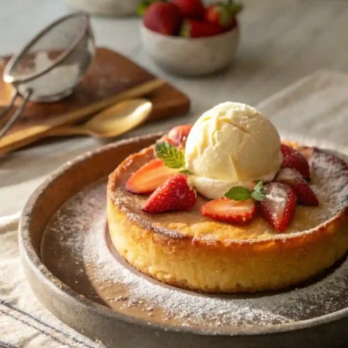Golden butter cake with vanilla ice cream and strawberries on a stoneware plate.